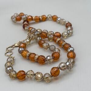 Vintage Monet Brown Honey Gold Tone Faceted Glass Bead Long Necklace